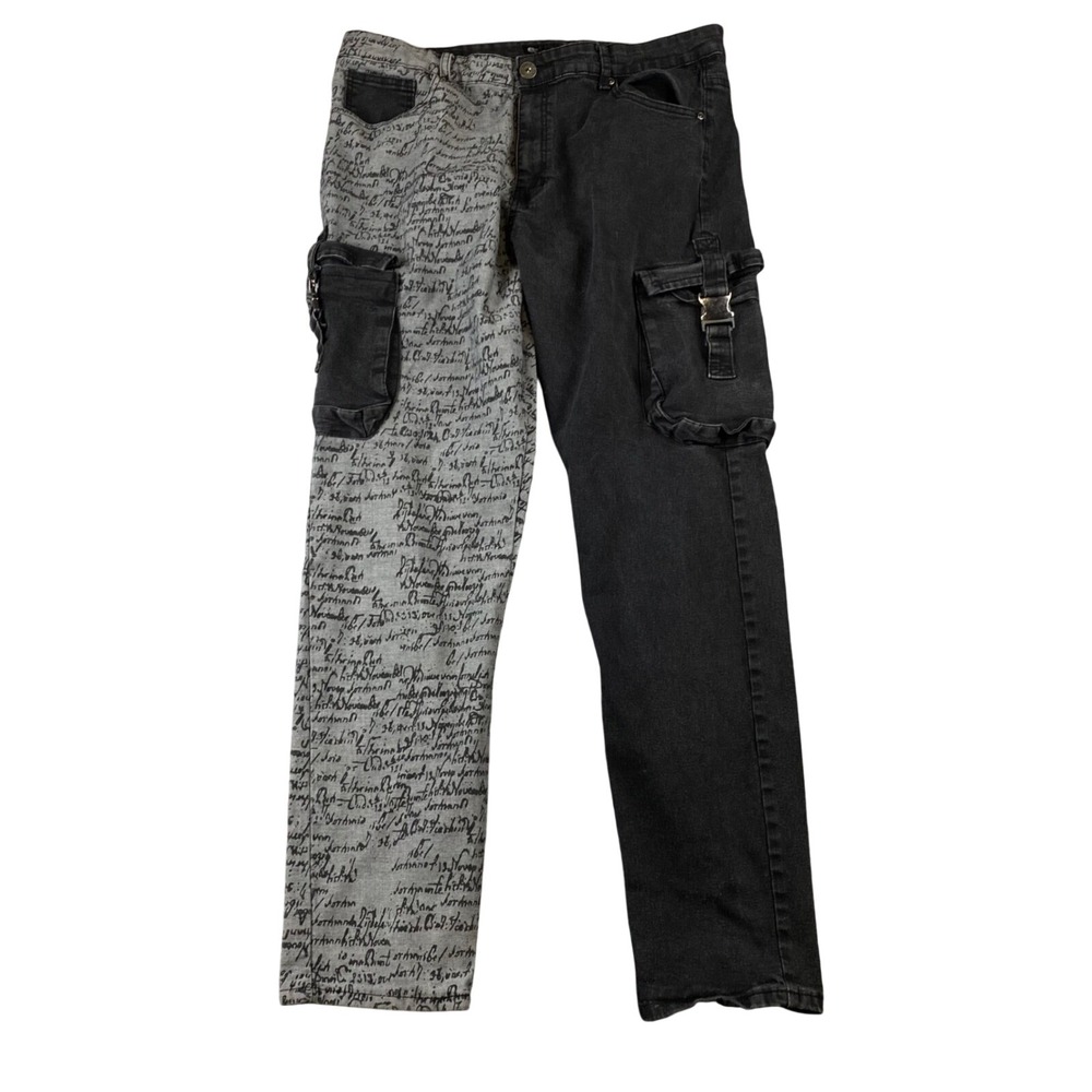 Waimea Skinny Fit Cargo Jeans Mens 40x32 Black Gray Script Two Tone Buckle Y2K